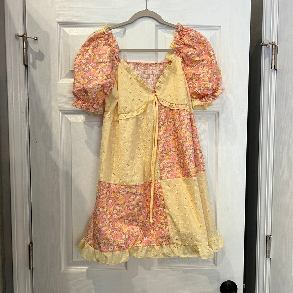 Westfade Mini Dress Polyester Eyelet Floral Patchwork Cottagecore Fairycore Sz M